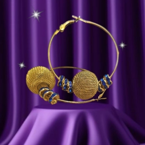 Gold Plated Handcrafted Ball Drop Hoops & Sapphire Imitation Crystal - Picture 6 of 6